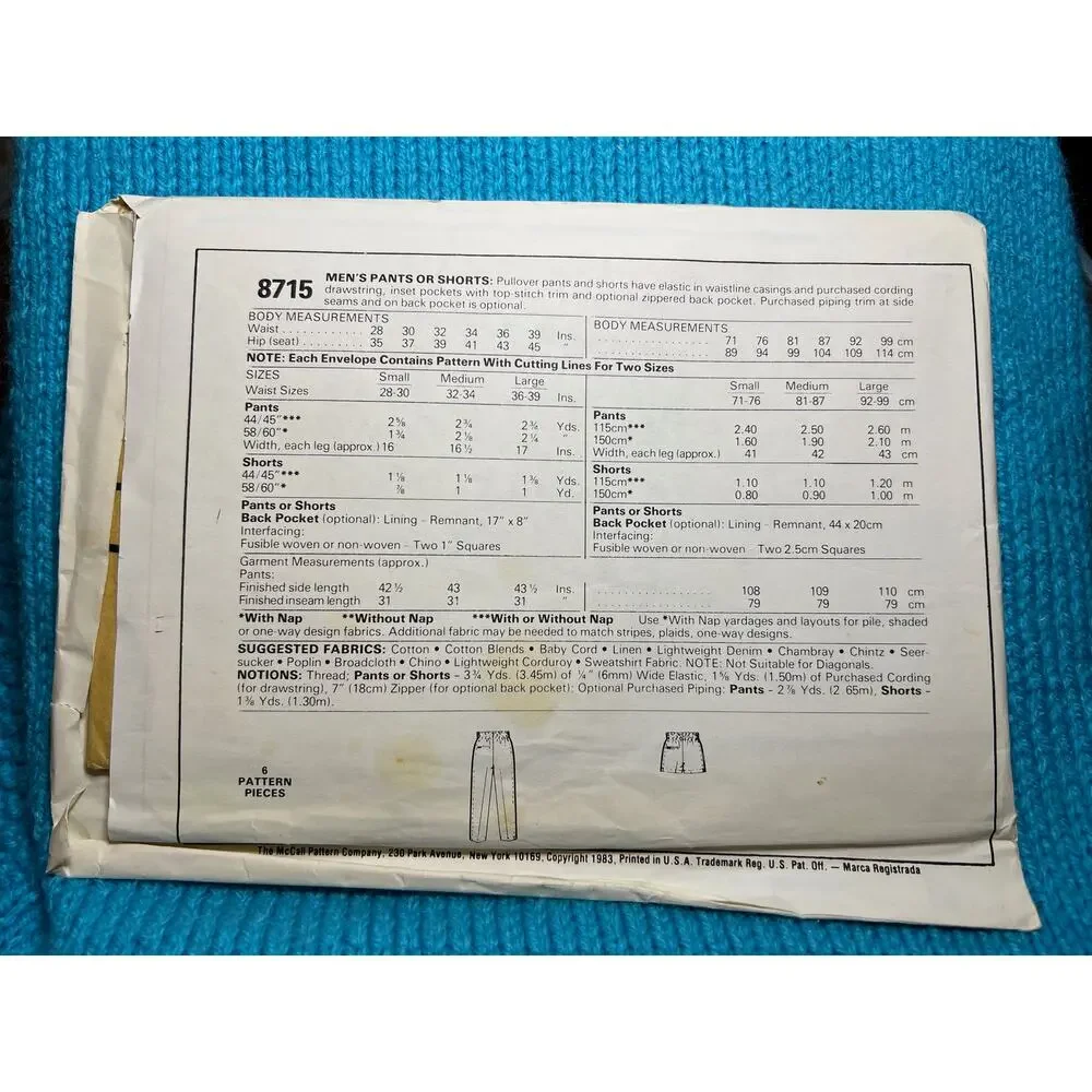 McCalls 8715 Sewing pattern Mens pants or shorts size Medium